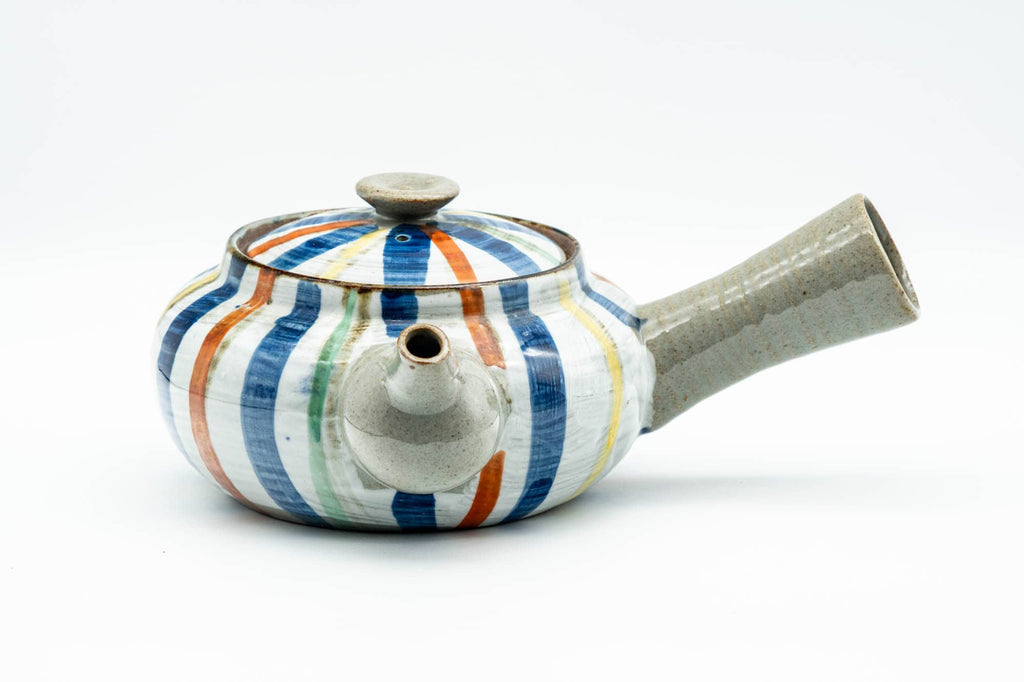 Japanese Kyusu - Colourfully Striped Grey Ceramic Debeso Filtered Teapot - 350ml
