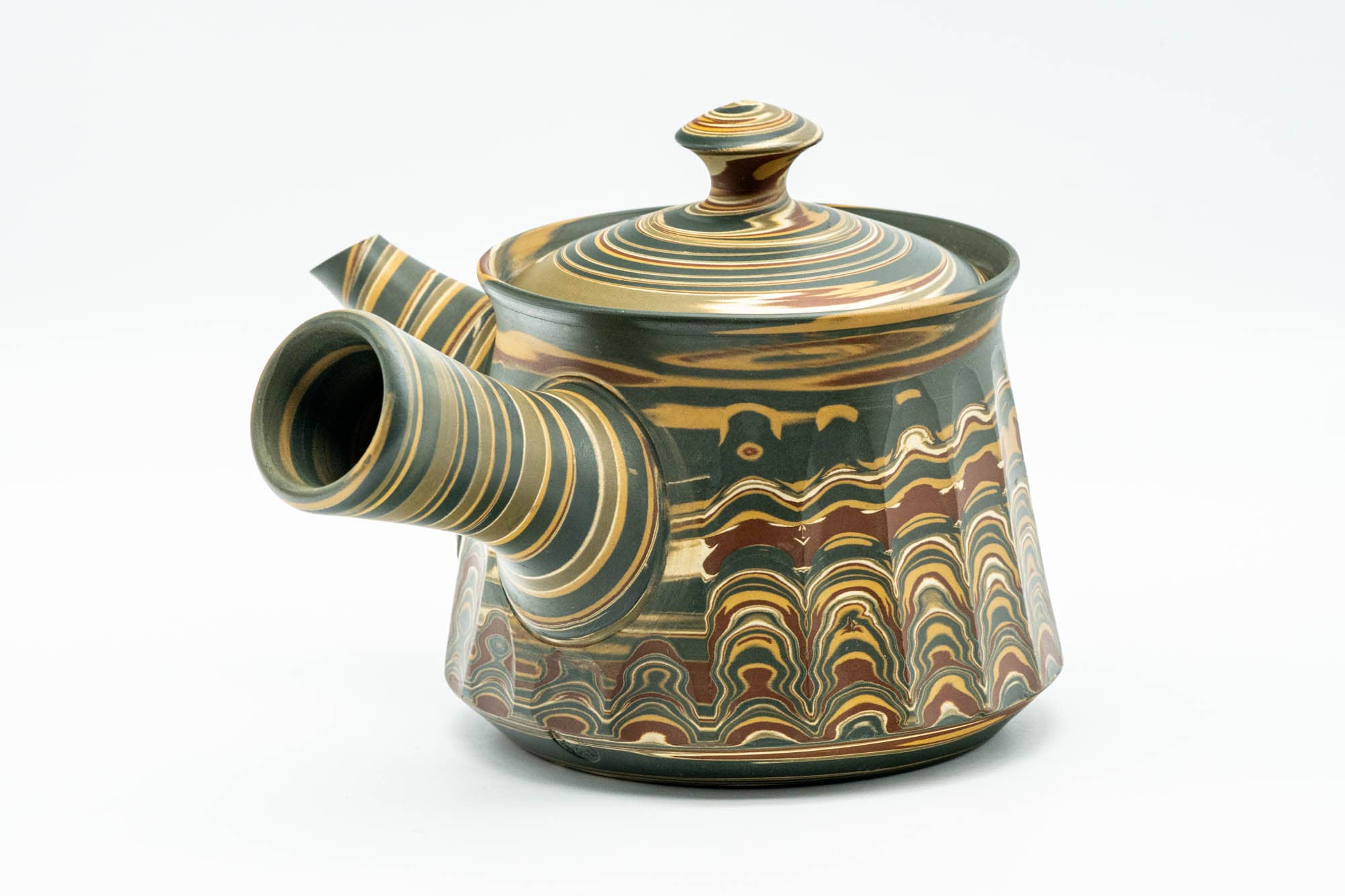 Japanese Kyusu - 沢田豊山 Sawada Toyoyama - Faceted Green Marbled Nerikomi Tokoname-yaki Debeso Teapot - 275ml