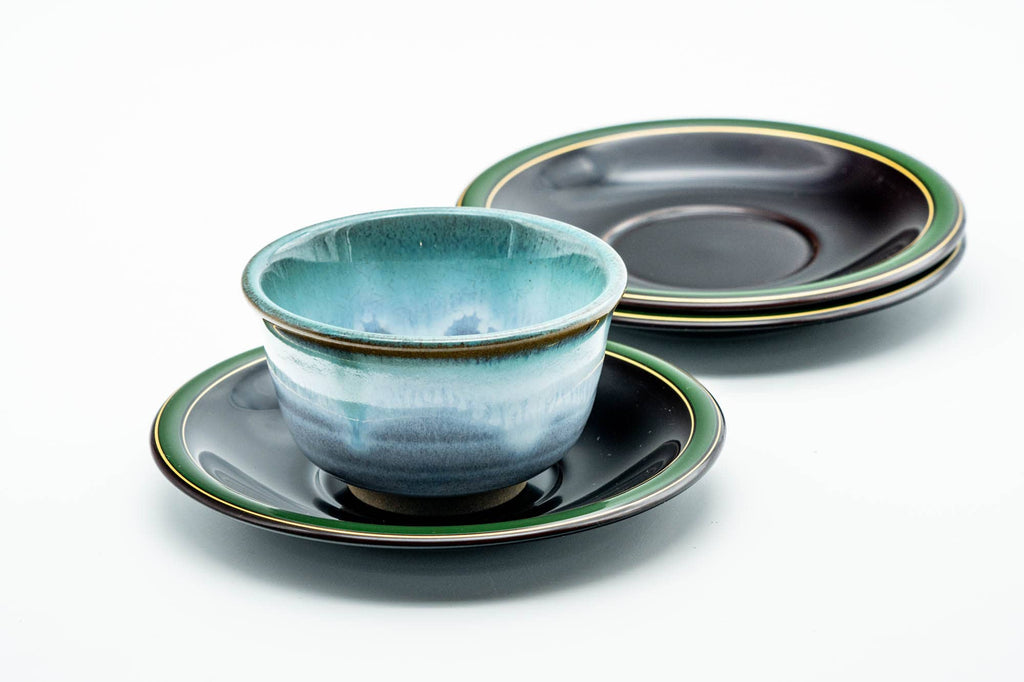 Japanese Chataku - Set of 3 Green Trim Black Lacquer Tea Saucers