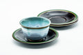 Japanese Chataku - Set of 3 Green Trim Black Lacquer Tea Saucers