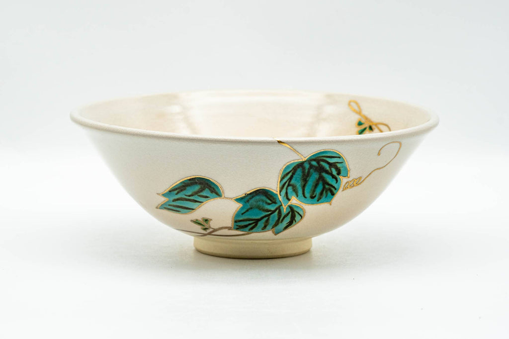 Japanese Matcha Bowl - Gold Green Leaves Kyo-yaki Summer Chawan - 150ml