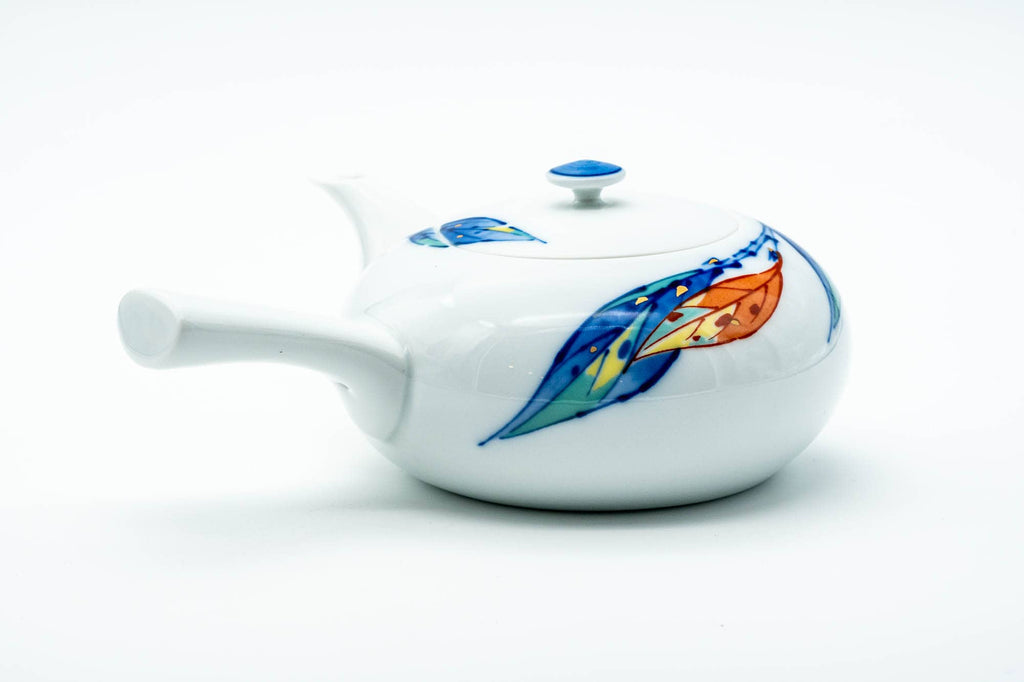 Japanese Kyusu - Blue Orange Leaves Arita-yaki Porcelain Teapot - 350ml
