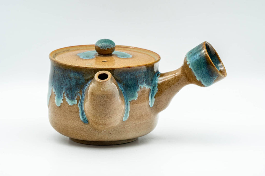 Japanese Tea Set - Agano-yaki Blue Drip-Glazed Do-ake Kyusu Teapot with 2 Yunomi Teacups