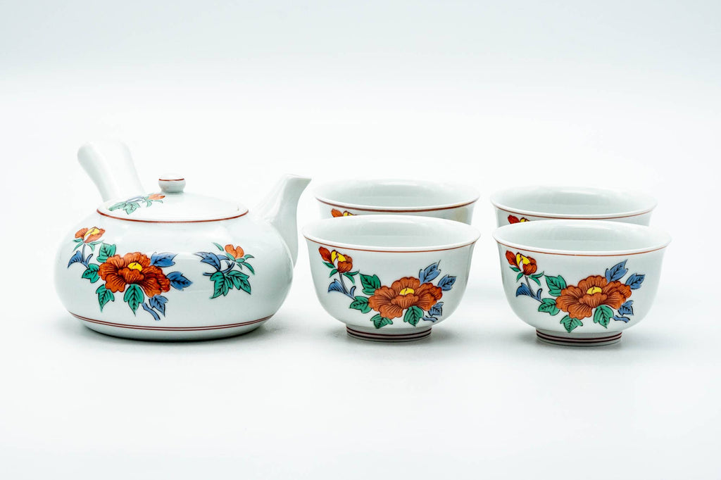 Japanese Tea Set - Floral White Porcelain Arita-yaki Kyusu Teapot with 4 Yunomi Teacups
