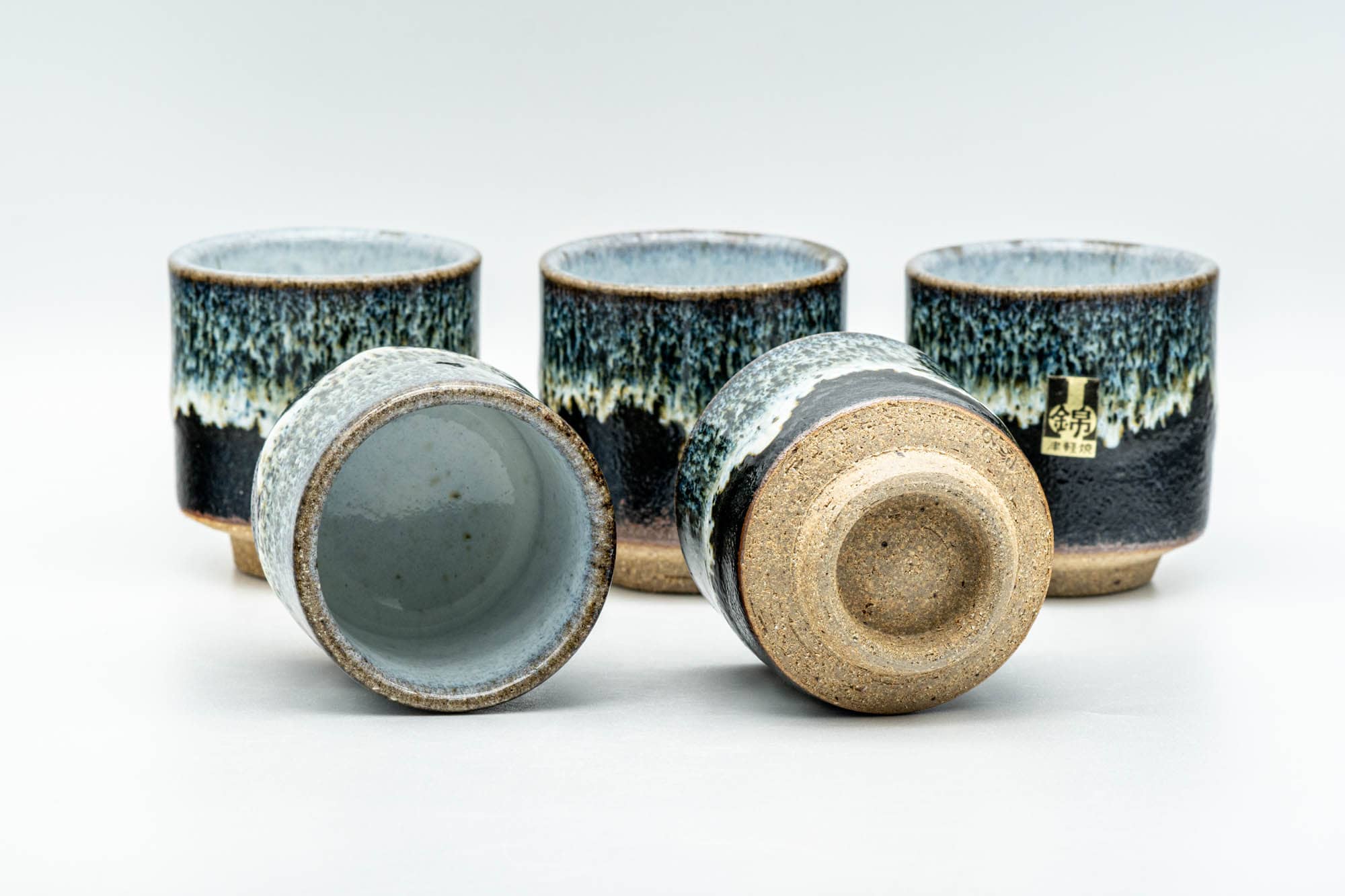 Japanese Teacups - Set of 5 Jet Black Blue Drip-Glazed Yunomi - 80ml