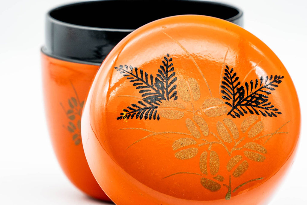 Japanese Natsume - Orange Black Lacquer Floral Matcha Tea Canister - 100ml