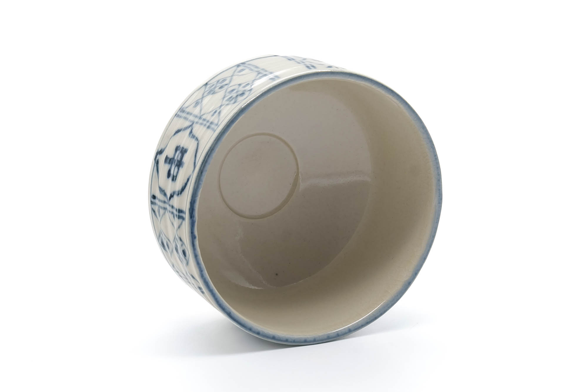 Japanese Matcha Bowl - White Blue Geometric Hantsutsu-gata Chawan - 400ml