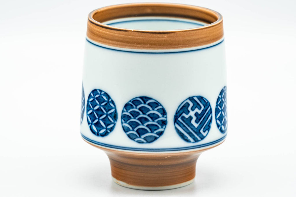 Japanese Teacups - Pair of Blue Orange Geometric Arita-yaki Meoto Yunomi