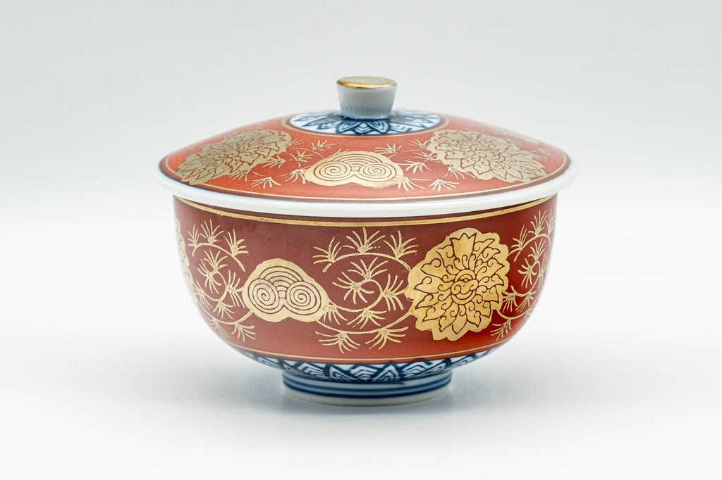Japanese Teacup - Red, Blue, and Gold Floral Geometric Arita-yaki Lidded Yunomi - 160ml
