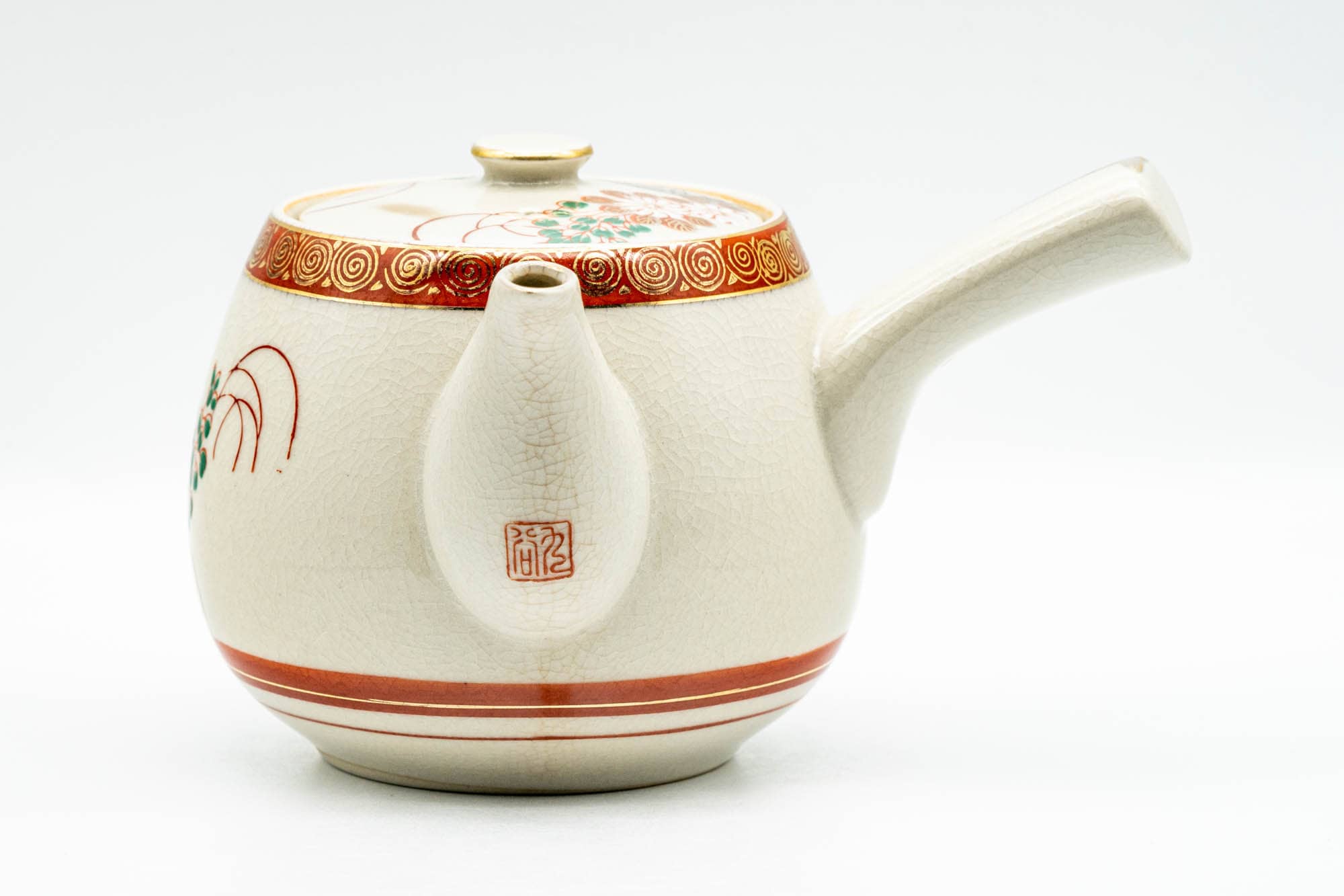 Japanese Kyusu - Red Gold White Chrysanthemums Kutani-yaki Debeso Teapot - 550ml