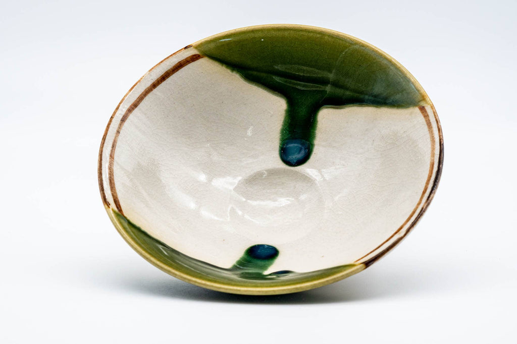 Japanese Matcha Bowl - Beige Green Hira-gata Oribe-yaki Chawan - 150ml