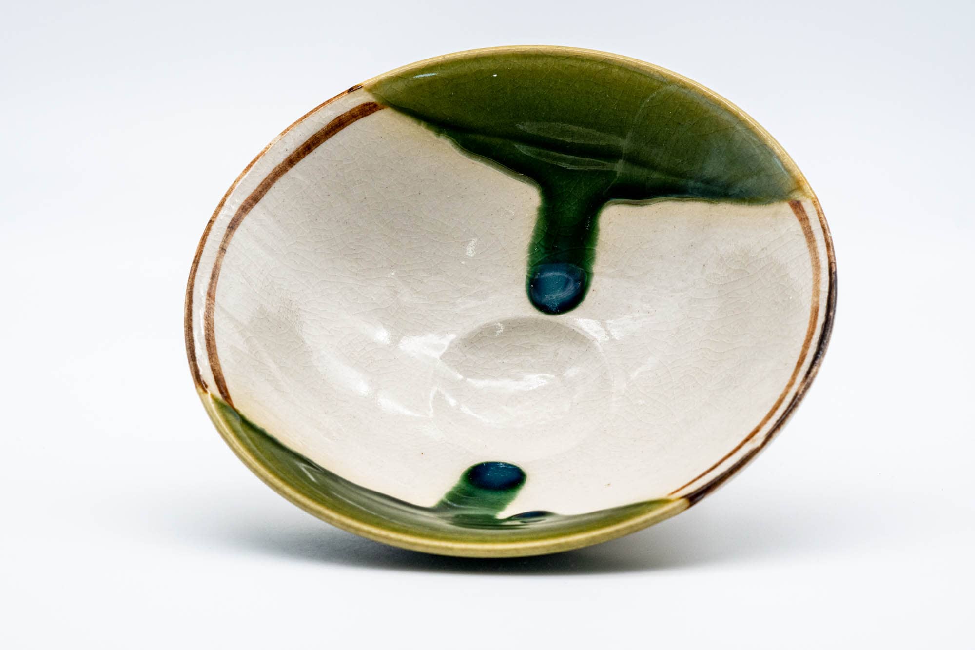 Japanese Matcha Bowl - Beige Green Hira-gata Oribe-yaki Chawan - 150ml