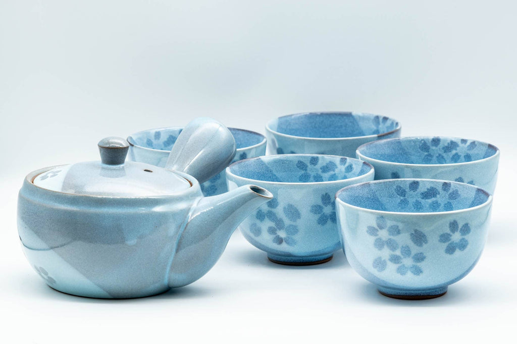 Japanese Tea Set - Floral Sky Blue Kyusu Teapot with 5 Yunomi Teacups