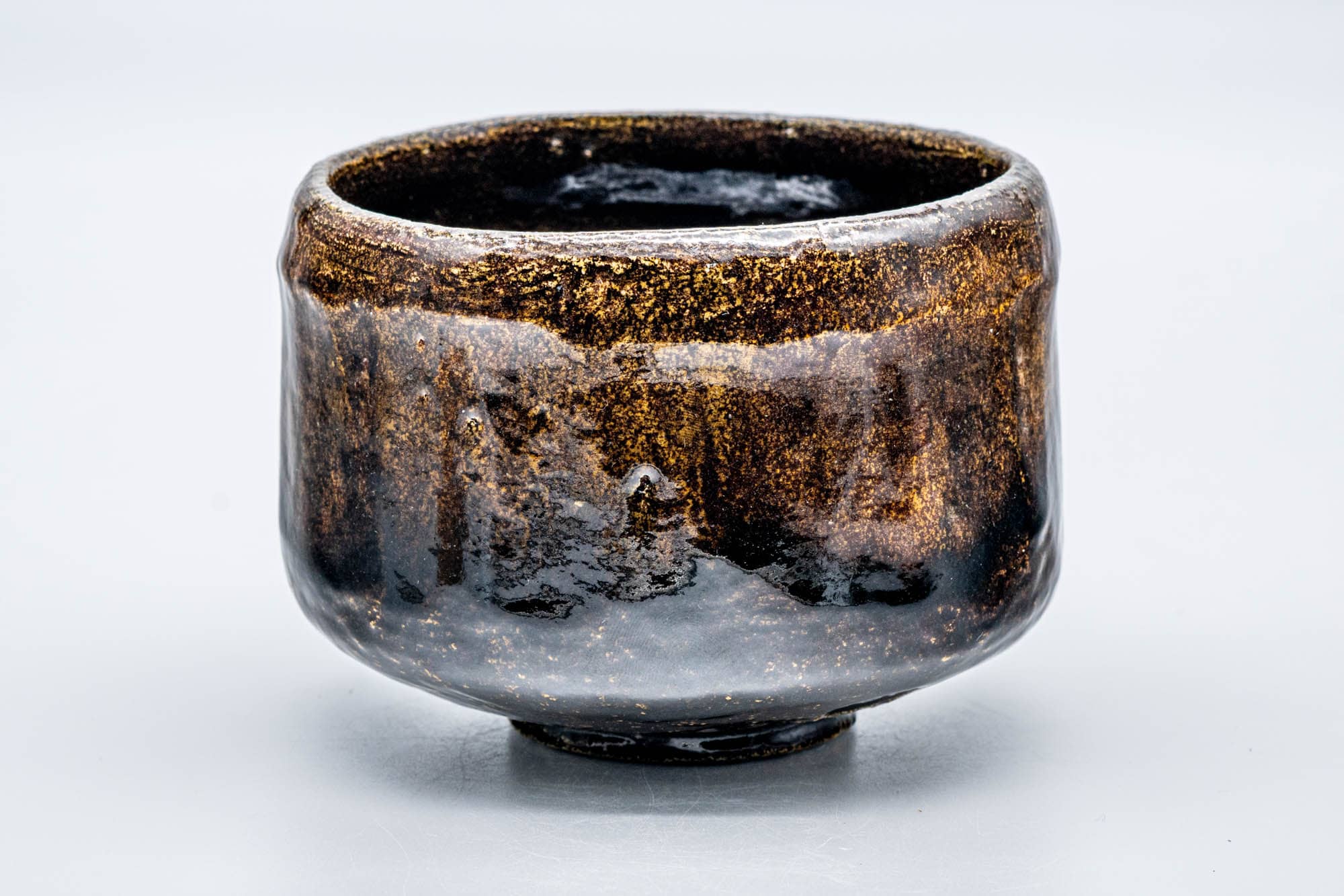 Japanese Matcha Bowl - 手 Faceted Black Amber Glazed Raku Chawan - 300ml