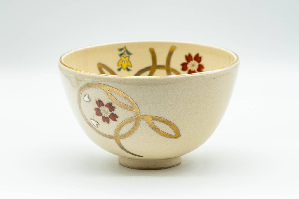 Japanese Matcha Bowl - Floral Geometric Gold Kyo-yaki Chawan - 300ml