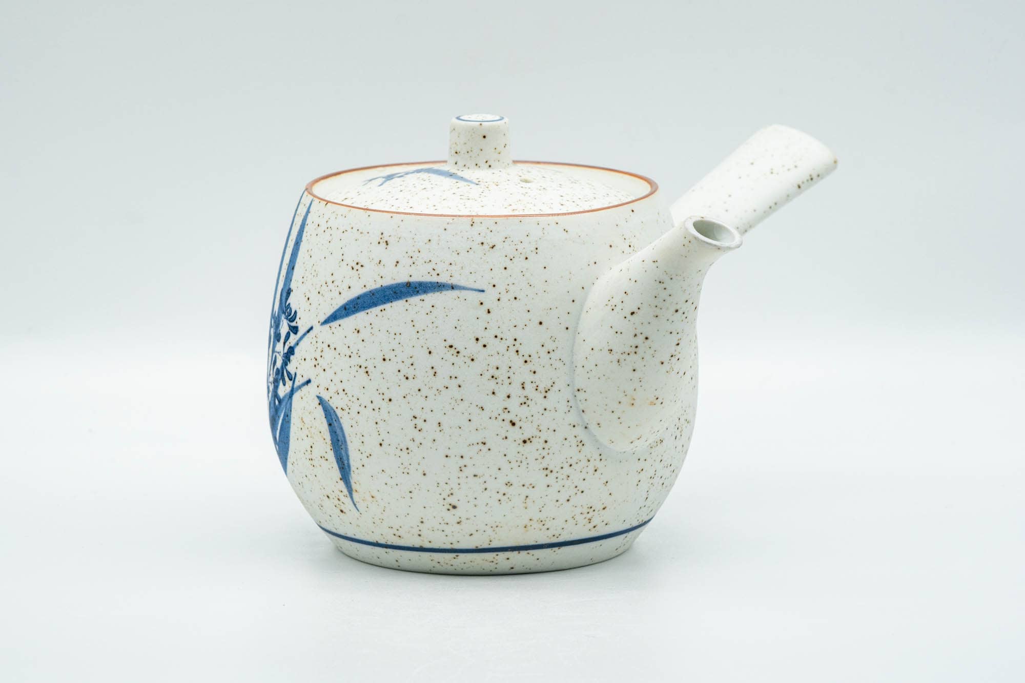 Japanese Tea Set - Blue Floral White Matte Glazed Arita-yaki Debeso Kyusu Teapot and 5 Yunomi Teacups