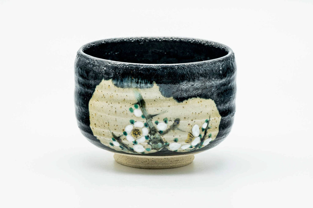 Japanese Matcha Bowl - Small Floral Black Metallic Glazed Chawan - 200ml