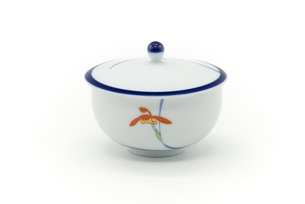 Japanese Teacup - Blue Trim Floral Arita Lidded Yunomi - 170ml