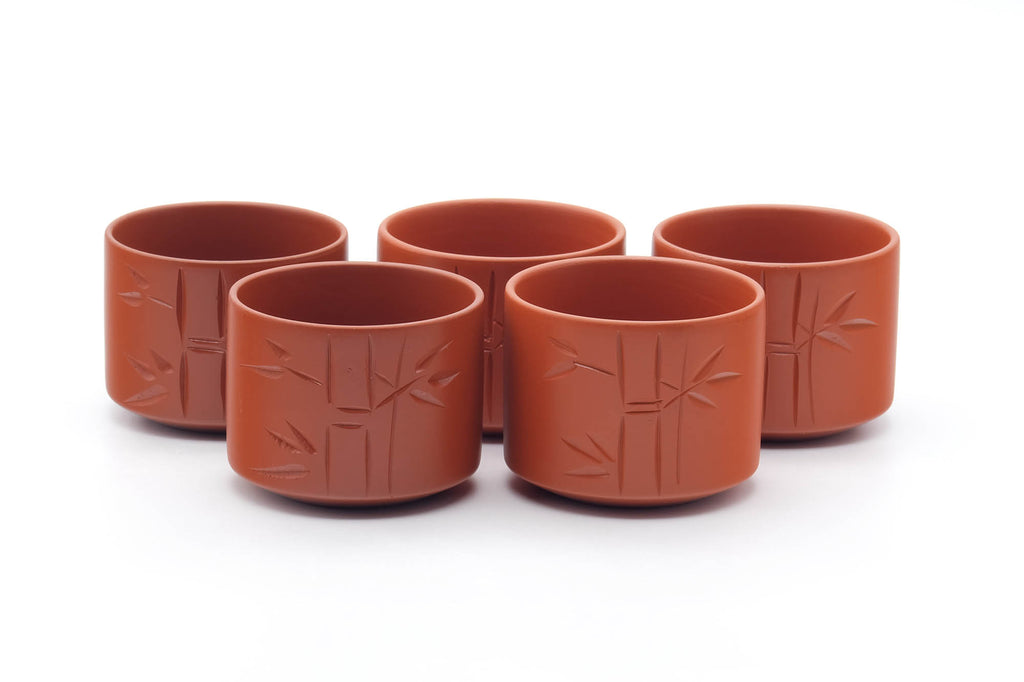 Japanese Tea Set - Bamboo Engraved Tokoname-yaki Kyusu Teapot with 5 Yunomi Teacups