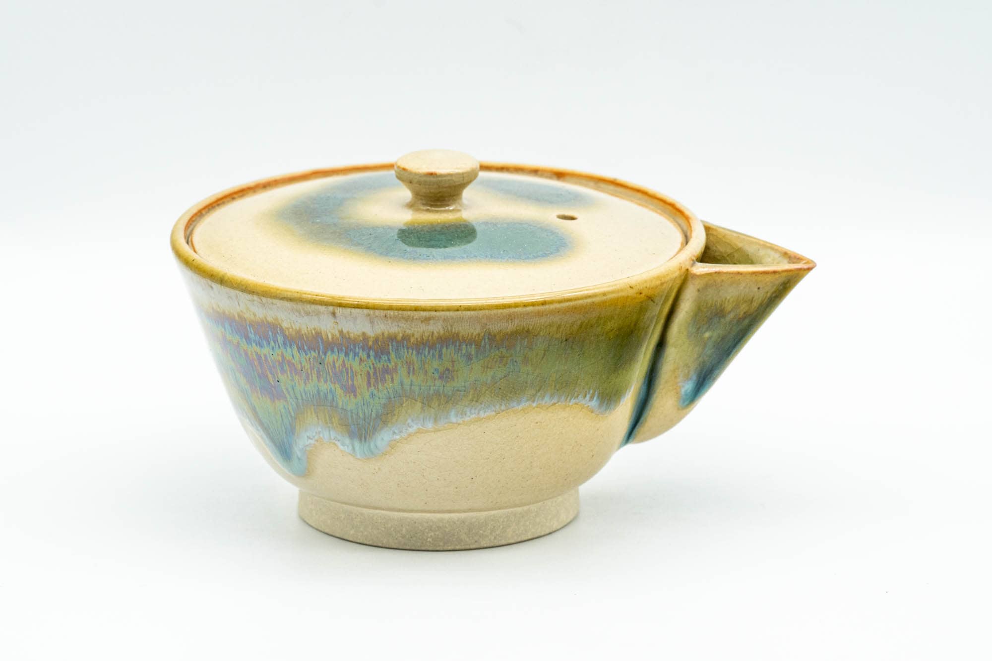 Japanese Tea Set - Green Drip-Glazed Agano-yaki Houhin Teapot with Katakuchi Water Cooler and 5 Guinomi Teacups