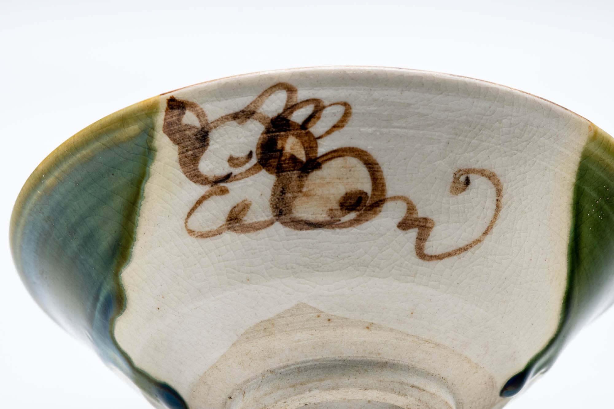 Japanese Matcha Bowl - Beige Green Hira-gata Oribe-yaki Chawan - 150ml