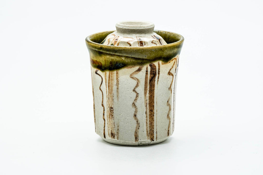 Japanese Teacup - Floral Striped Oribe-yaki Lidded Yunomi - 100ml