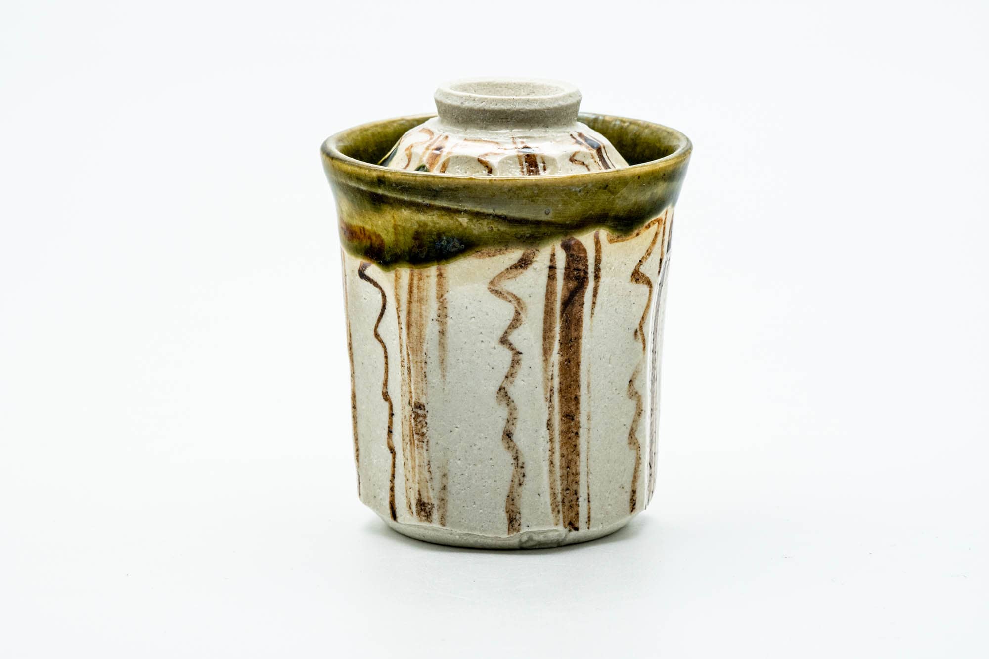 Japanese Teacup - Floral Striped Oribe-yaki Lidded Yunomi - 100ml