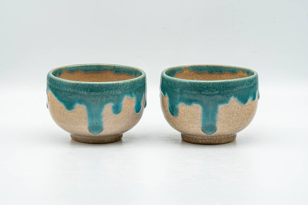 Japanese Teacups - Pair of Turquoise Drip-Glazed Agano-yaki Yunomi - 85ml