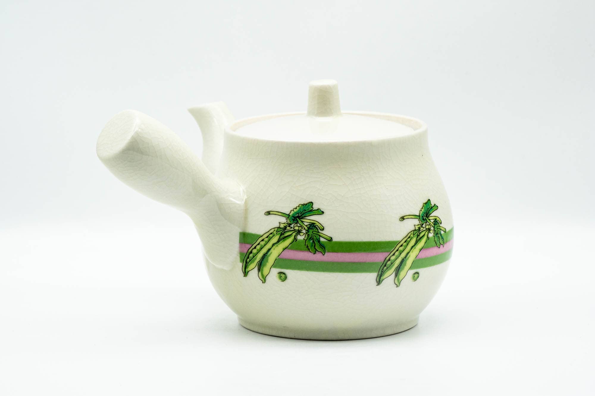 Japanese Kyusu - Beige Green Striped Snow Peas Kutani-yaki Debeso Teapot - 400ml