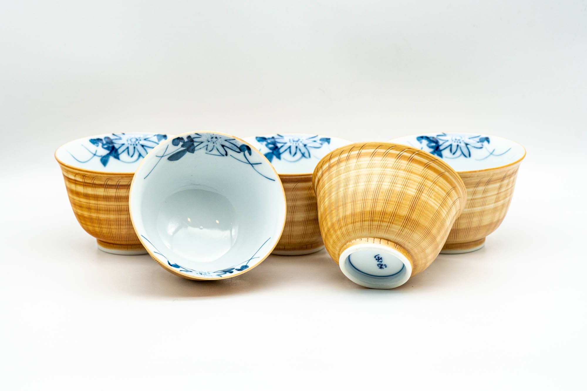 Japanese Tea Set - Yellow Blue Floral White Inner-Glazed Arita-yaki Kyusu Teapot with Katakuchi Water Cooler and 5 Yunomi Teacups