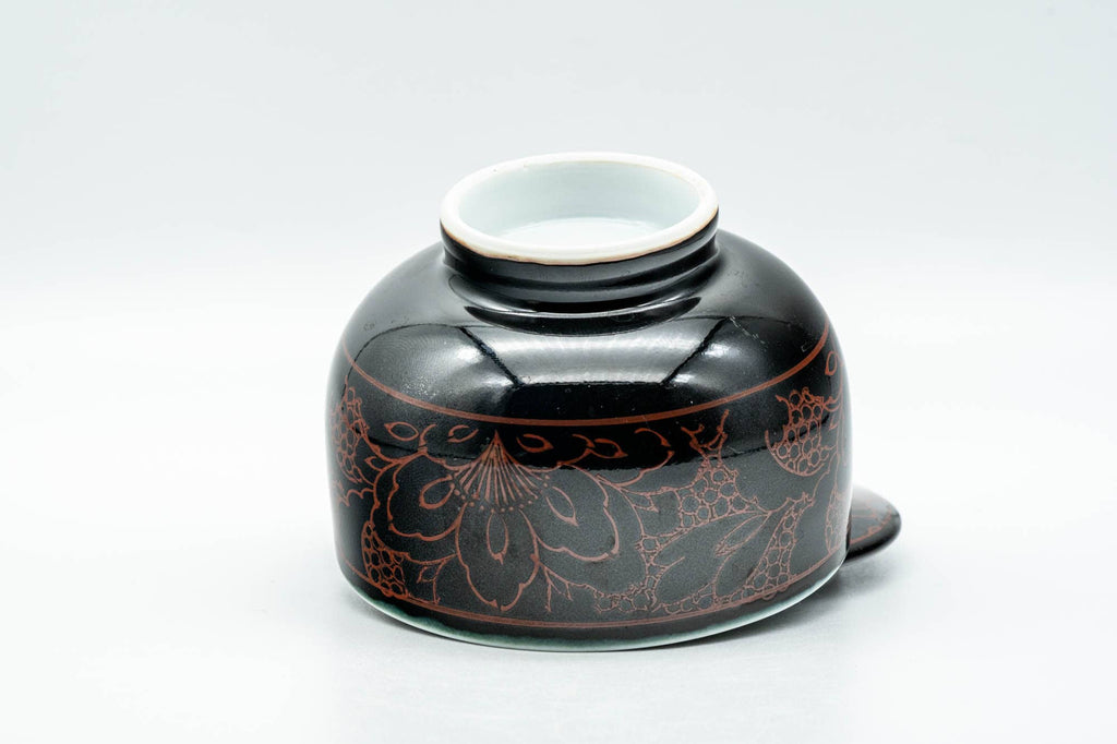 Japanese Teacup - Black Red Floral White Inner Glazed Arita-yaki Lidded Yunomi - 170ml