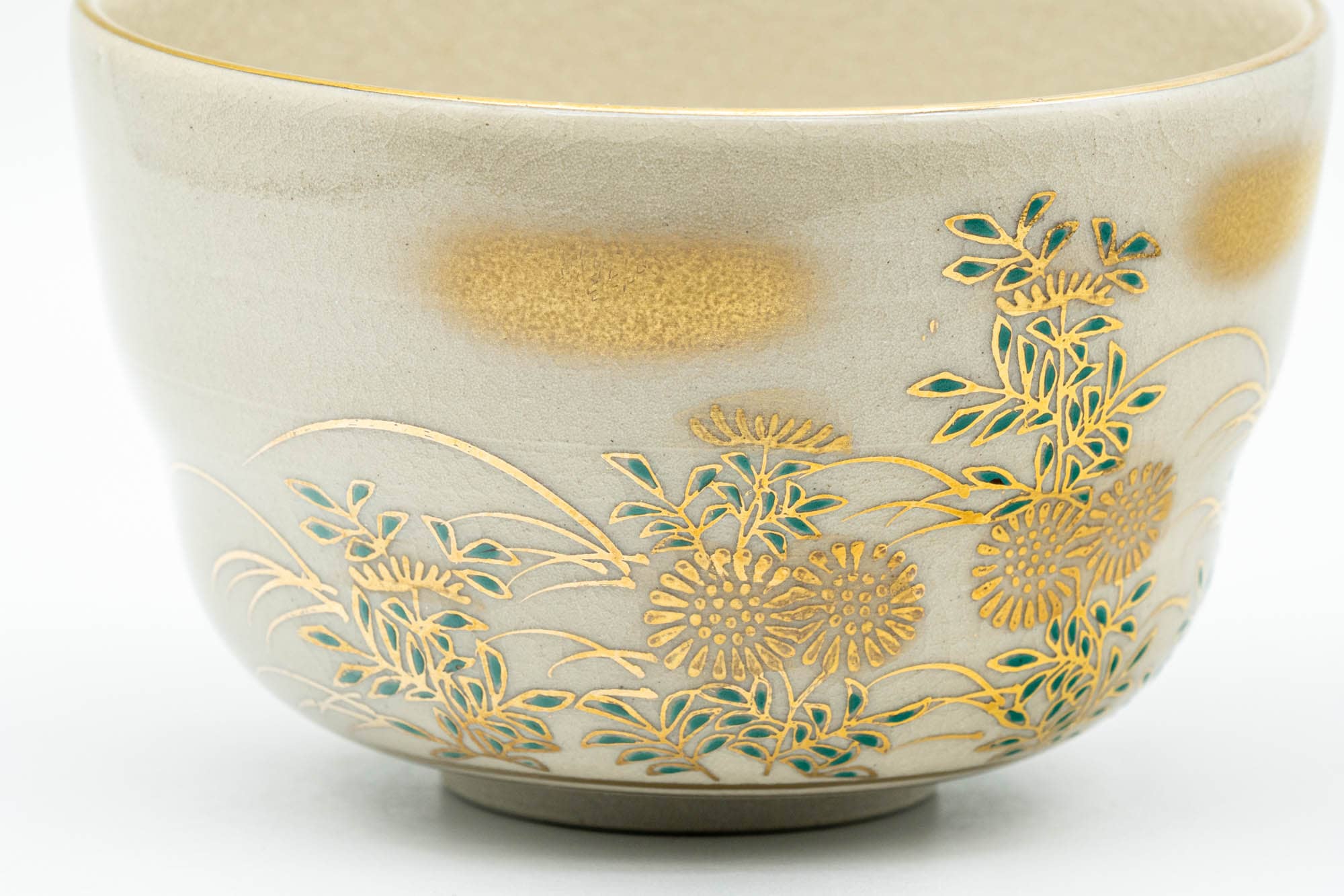 Japanese Matcha Bowl - Gold Green Floral Kutani-yaki Chawan - 350ml