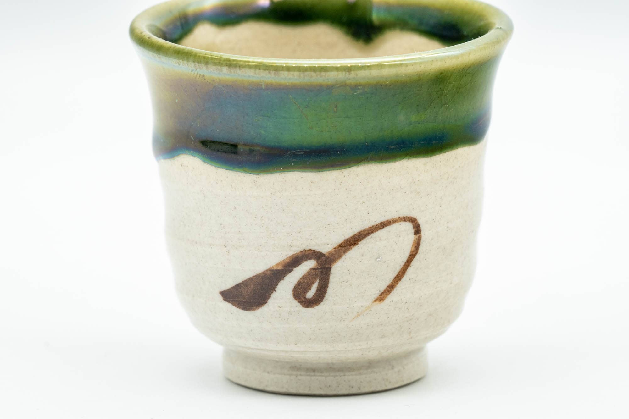 Japanese Teacup - Beige Green Drip-Glazed Geometric Oribe-yaki Yunomi - 70ml