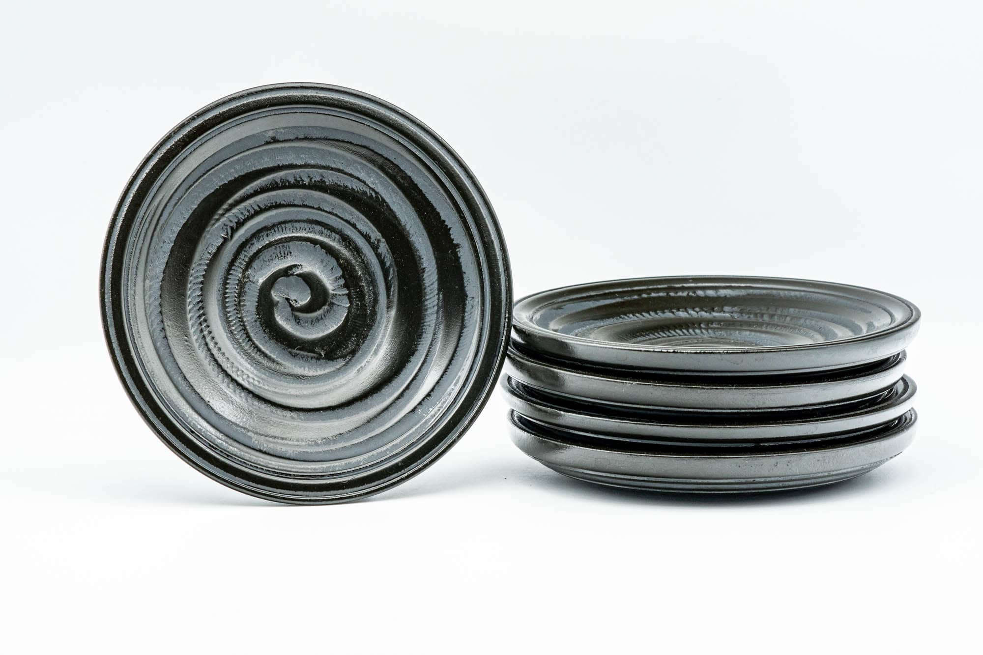 Japanese Chataku - Set of 5 Black Carved Spiraling Wooden Tea Saucers