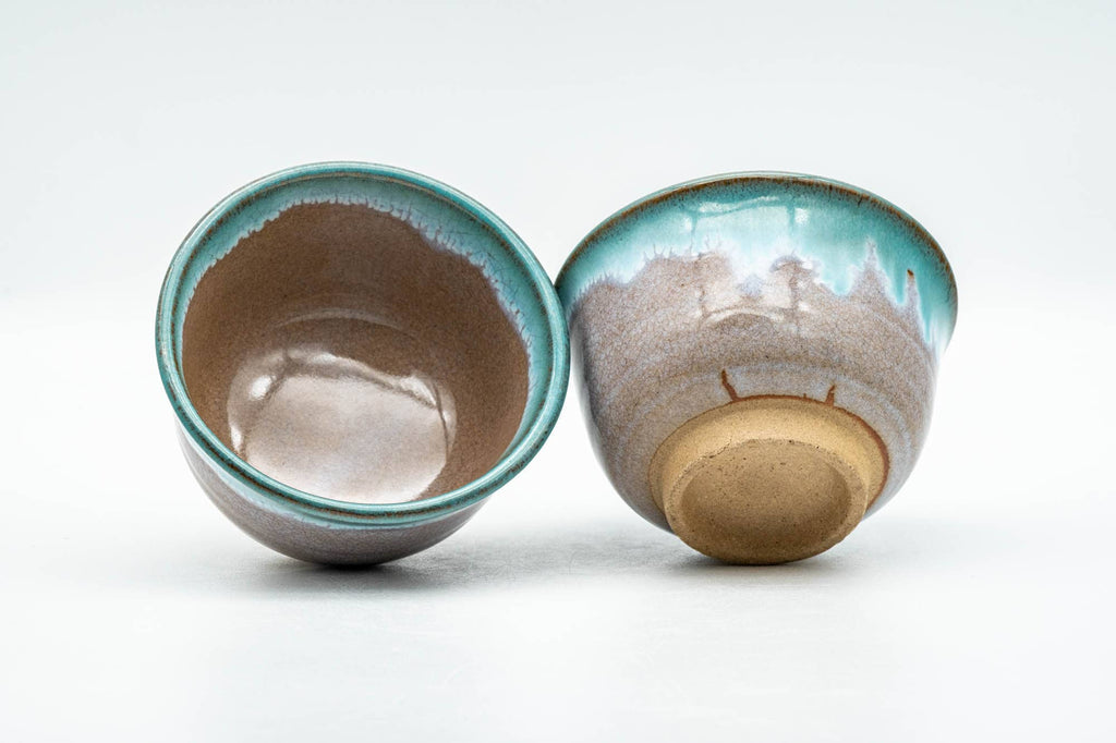 Japanese Teacups - Pair of Brown Turquoise Drip-Glazed Agano-yaki Yunomi - 100ml