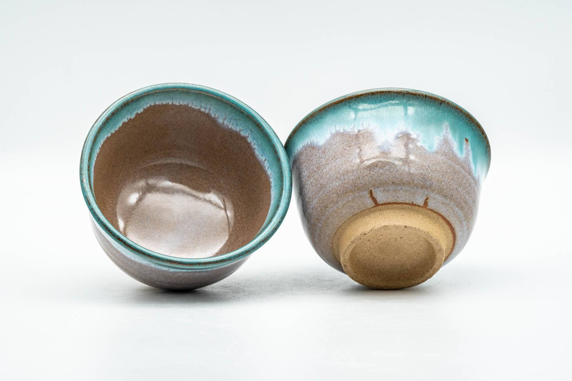 Japanese Teacups - Pair of Brown Turquoise Drip-Glazed Agano-yaki Yunomi - 100ml