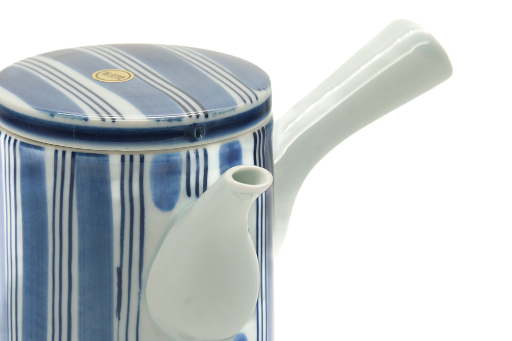 Japanese Tea Set - Blue White Arita Porcelain Kyusu Teapot with 5 Yunomi Teacups