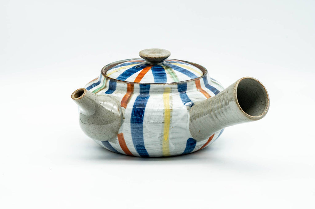 Japanese Kyusu - Colourfully Striped Grey Ceramic Debeso Filtered Teapot - 350ml