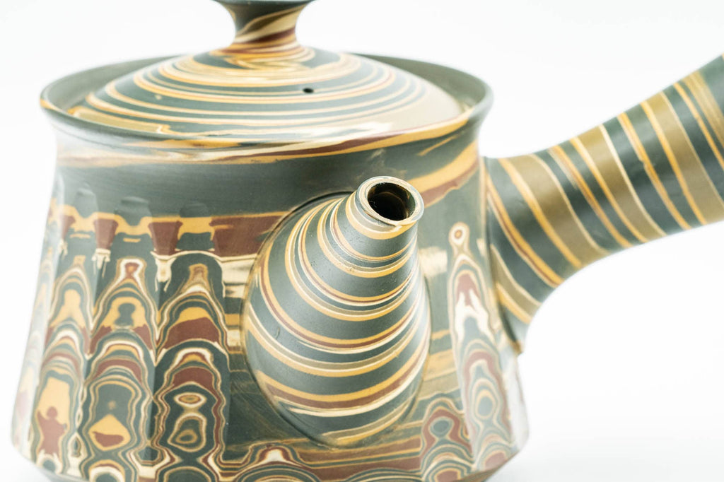 Japanese Kyusu - 沢田豊山 Sawada Toyoyama - Faceted Green Marbled Nerikomi Tokoname-yaki Debeso Teapot - 275ml