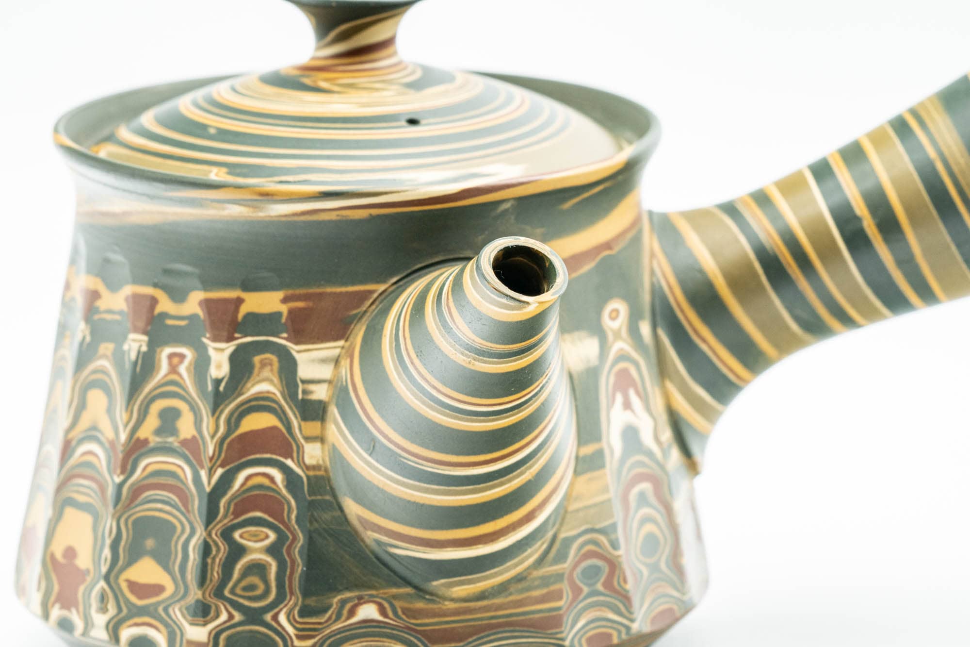 Japanese Kyusu - 沢田豊山 Sawada Toyoyama - Faceted Green Marbled Nerikomi Tokoname-yaki Debeso Teapot - 275ml
