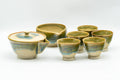 Japanese Tea Set - Green Drip-Glazed Agano-yaki Houhin Teapot with Katakuchi Water Cooler and 5 Guinomi Teacups