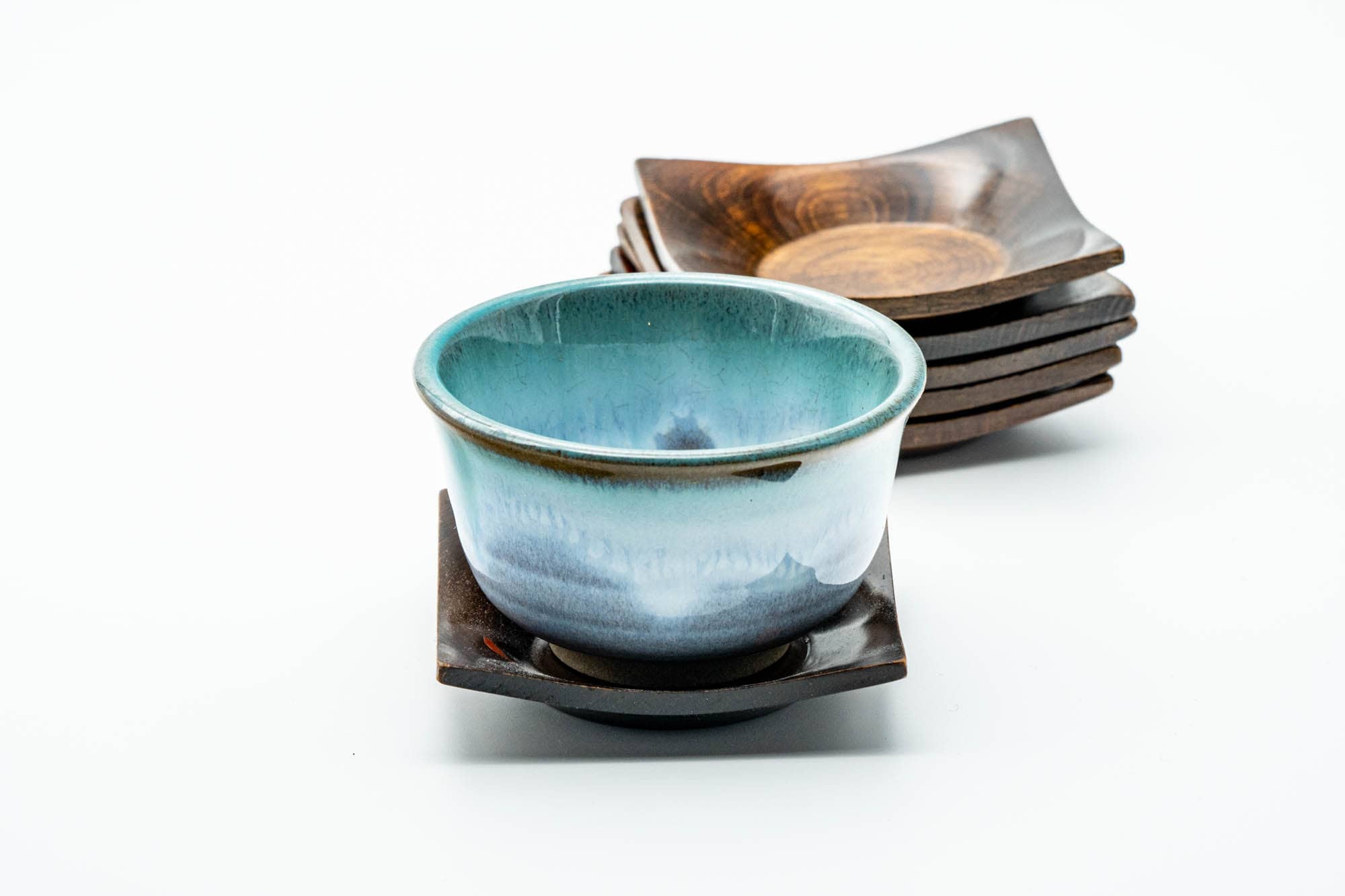Japanese Chataku - Set of 6 Small Floral Square-shaped Wooden Tea Saucers