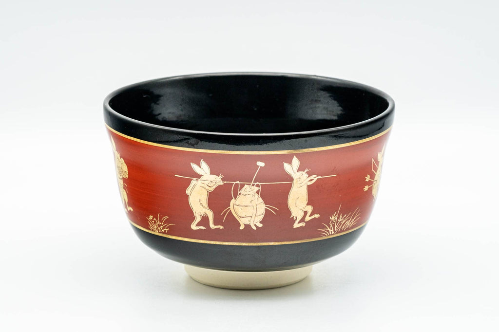 Japanese Matcha Bowl - Gold Bunny Rabbits Black Red Glazed Kyo-yaki Chawan - 350ml