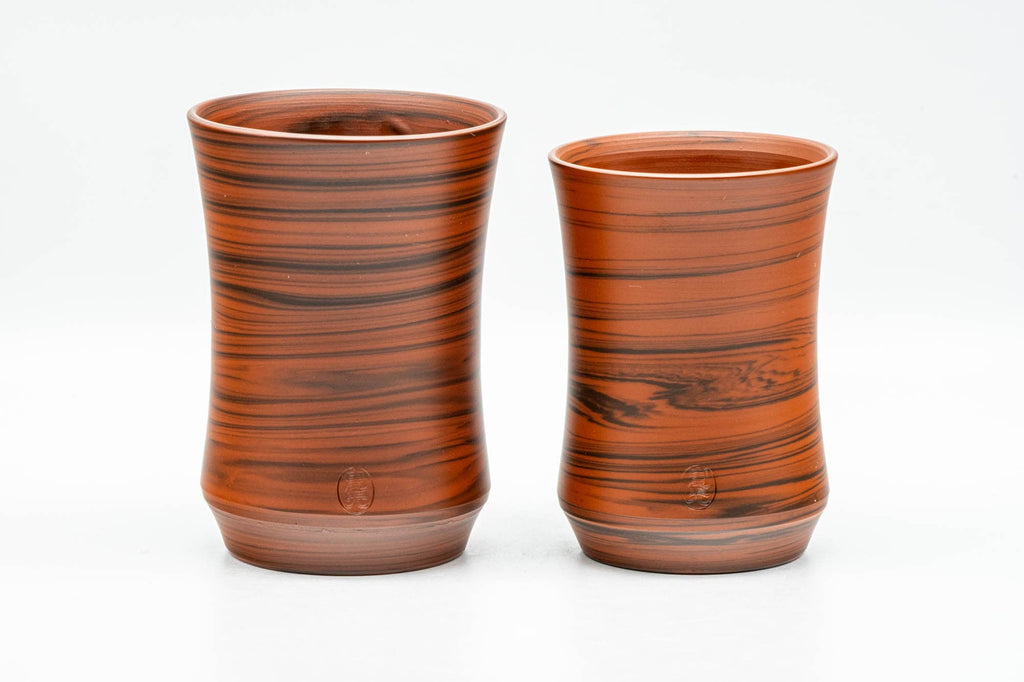 Japanese Teacups - Pair of Red Nerikomi Tokoname-yaki Meoto Yunomi