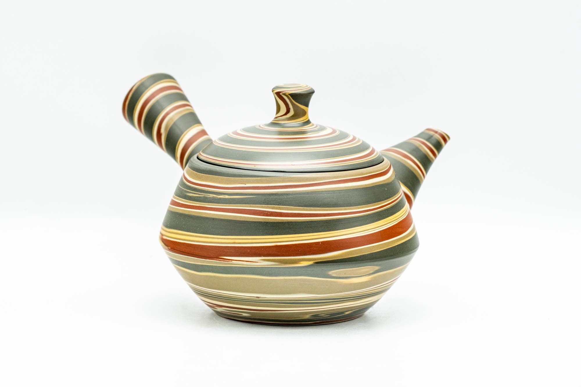 Japanese Kyusu - Green, Red, and Yellow Swirling Nerikomi Tokoname-yaki Do-ake Teapot - 240ml