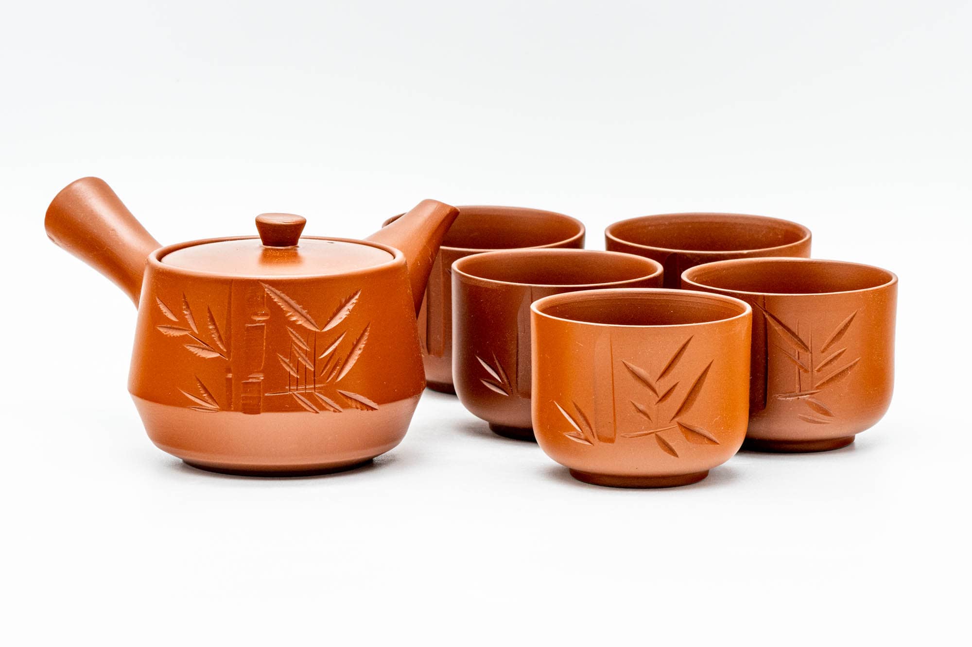 Japanese Tea Set - Bamboo Engraved Tokoname-yaki Kyusu Teapot with 5 Yunomi Teacups