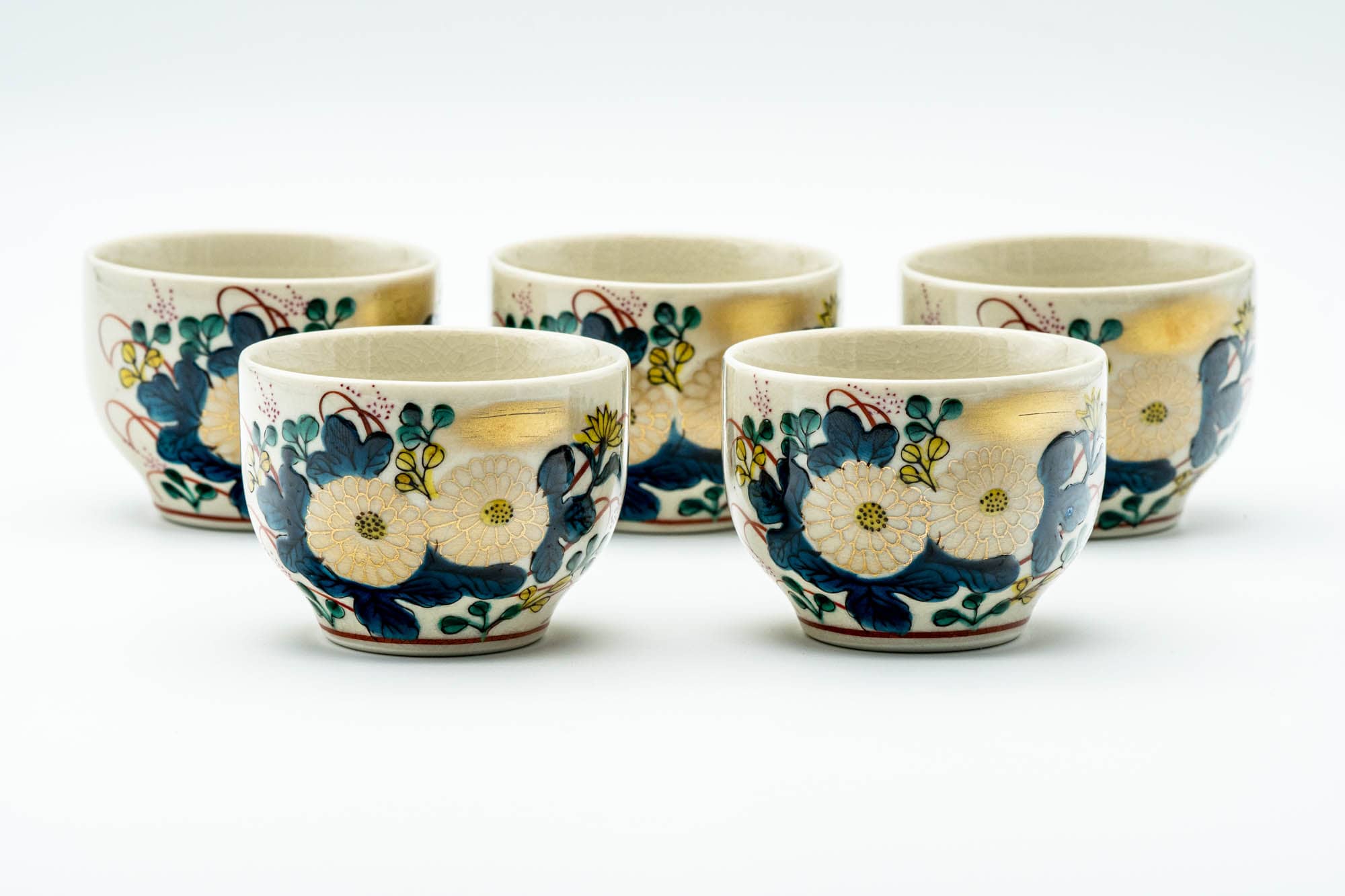Japanese Tea Set - Beige Blue Floral Kutani-yaki Kyusu Teapot with 5 Yunomi Teacups