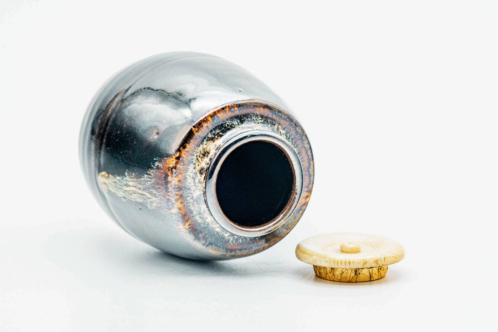 Japanese Chaire - 桶谷定一 Teiichi Oketani - Black Drip-Glazed Katatsuki Kyo-yaki Tea Canister with Shifuku