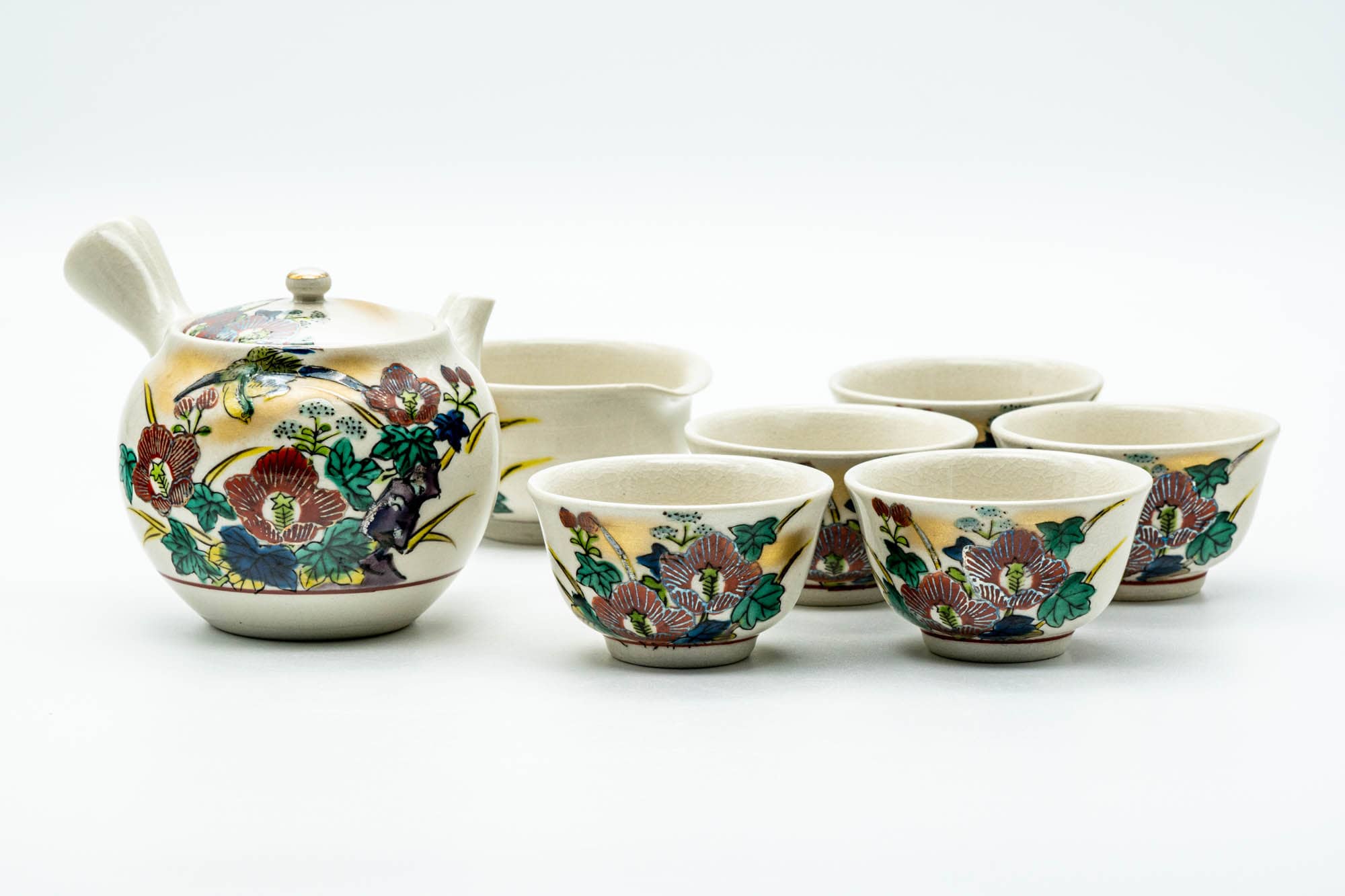 Japanese Tea Set - Beige Red Floral Kutani-yaki Kyusu Teapot with Katakuchi Water Cooler and 5 Yunomi Teacups