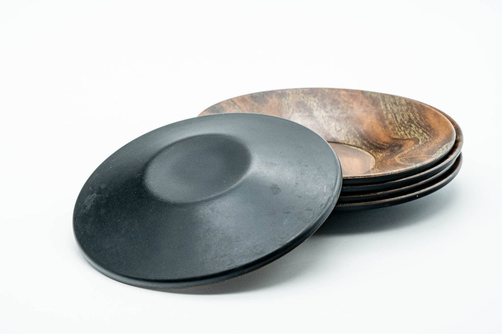 Japanese Chataku - Set of 5 Woodgrain Black Lacquered Tea Saucers